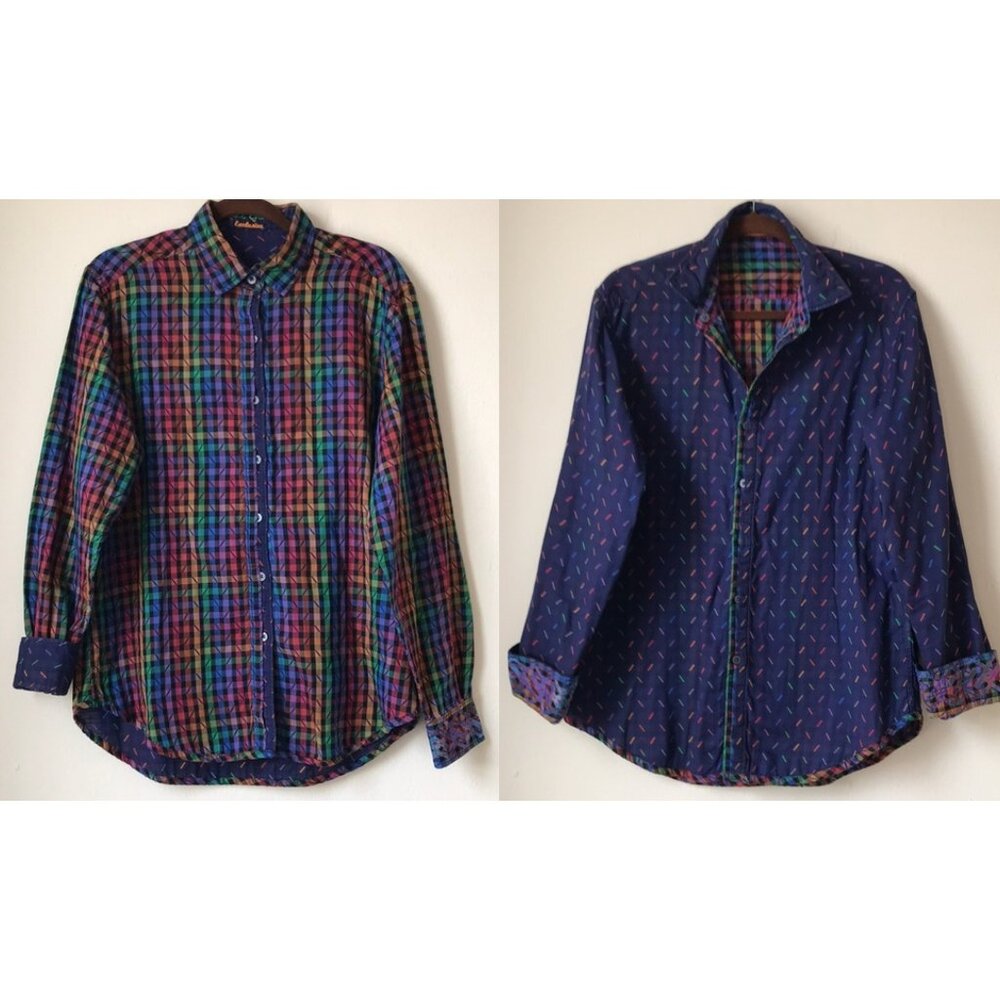 Robert Graham Exclusive Reversible Shirt Multicolor Plaid Sprinkles Flip Cuff S